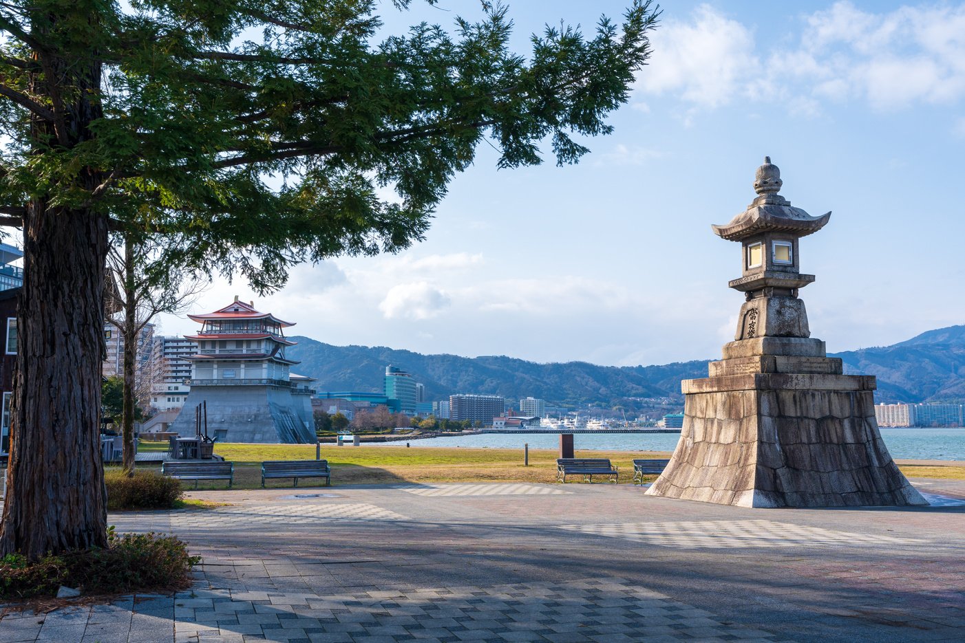 Ishiba tsu night light monument, on the shore of Lake Biwa. Otsu, Shiga Prefecture, Japan.